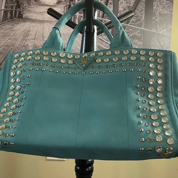 Prada Turquoise Studded Canvas Tote with Detachable Strap COA - Picture 13 of 16